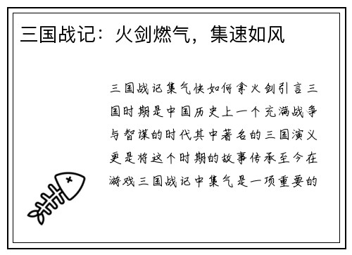 三国战记：火剑燃气，集速如风